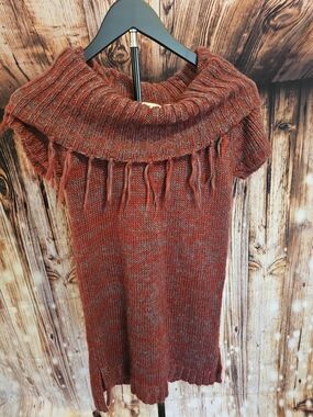 Derek Heart Rust Red Marled Knit Short-Sleeve Sweater with Fold-Over Cowl